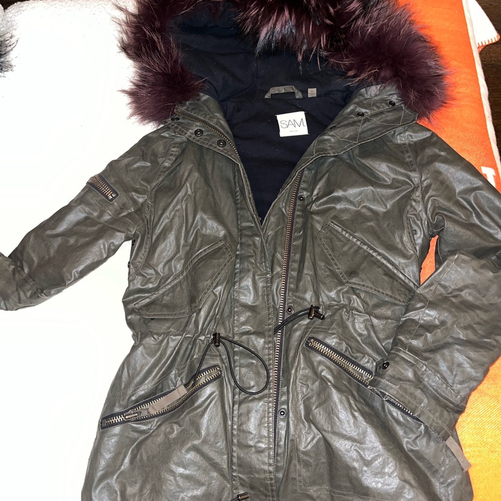 SAM Dark Olive Coat with Burgundy Faux Fur
